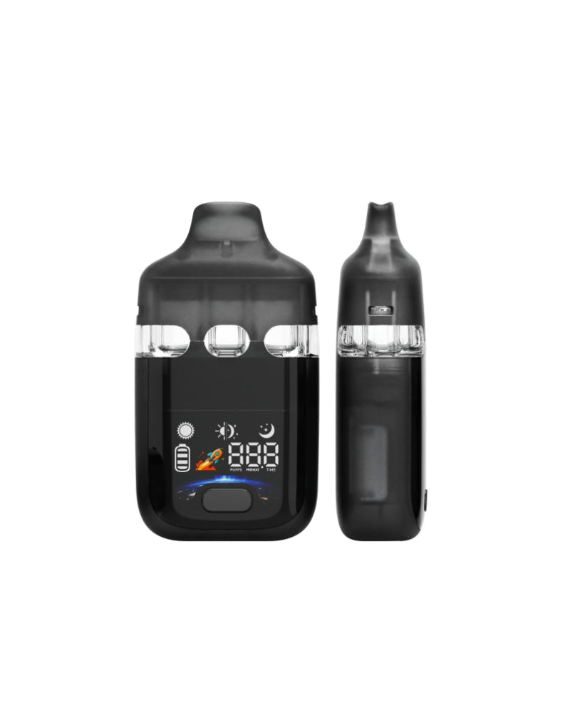 An image of a black Trio 3 disposable tank with a shot of the digital display and button .