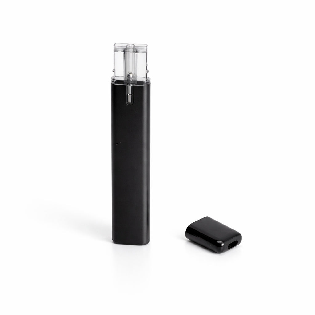 Black deposable vape bar with clear top tank with an open tip