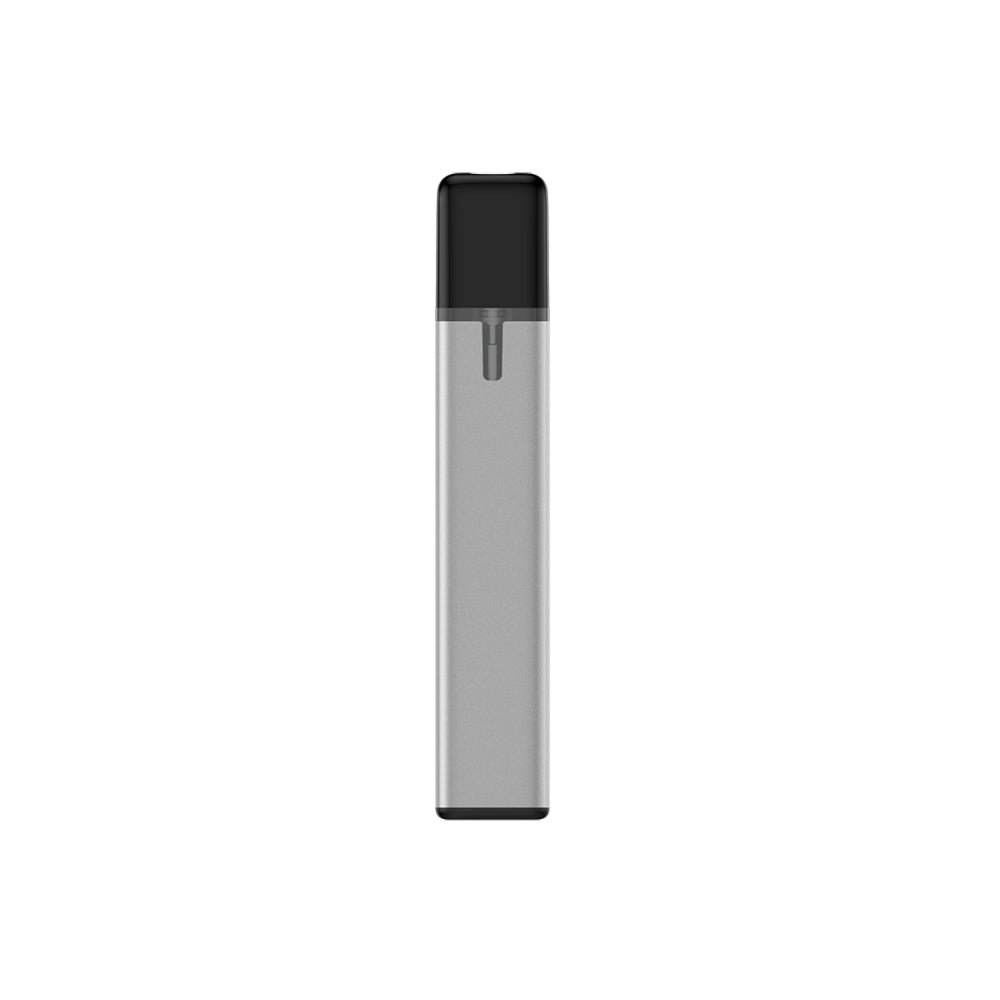 Silver and black electronic vape device on a white background