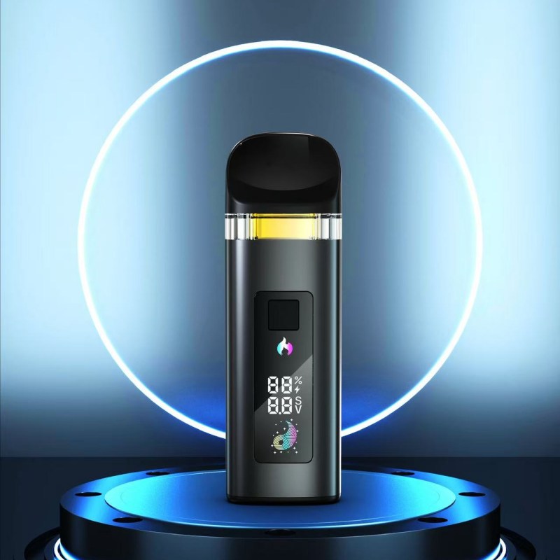 Black filled disposable vape with digital display on a blue and black background