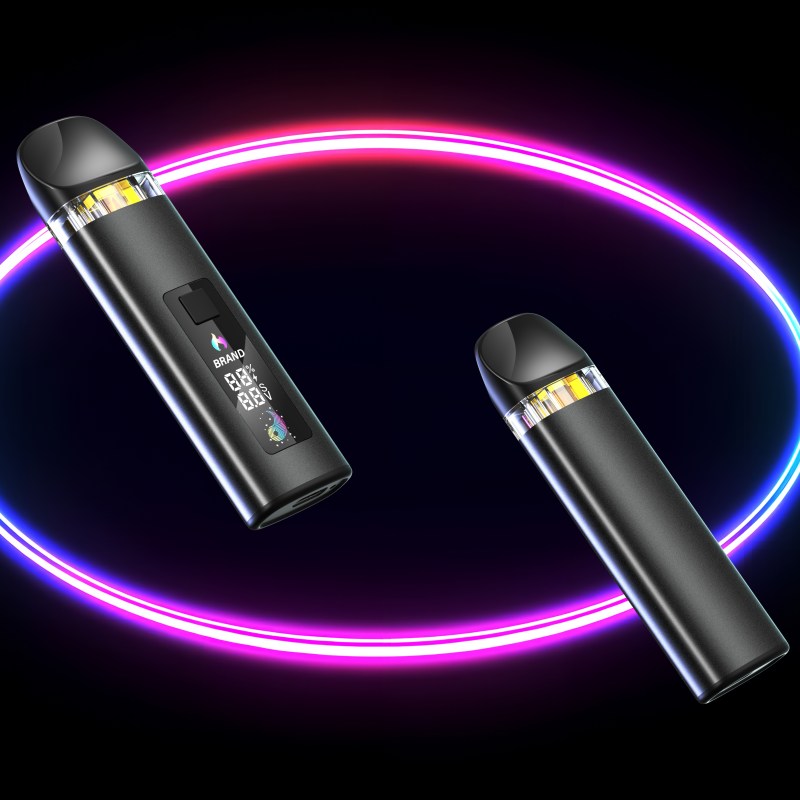 Black filled disposable vape with digital display on a neon background