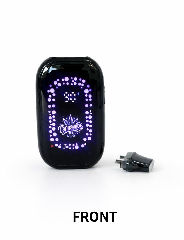 Black vape with LED display and power adapter on a white background