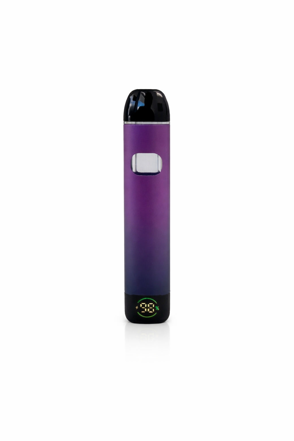 Purple vape device with black top on a white background