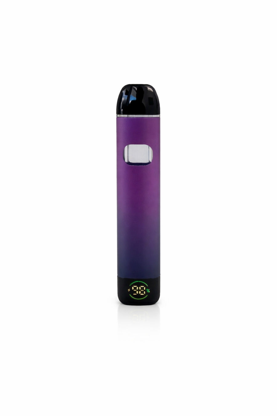 Purple vape device with black top on a white background