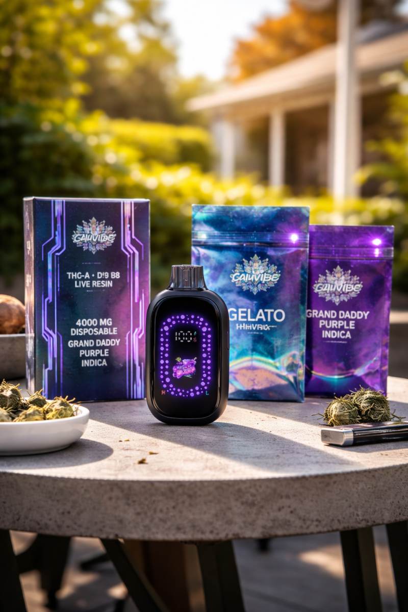 Cannabis products including a vape pen, packaging, and dried herbs on a table outdoors.