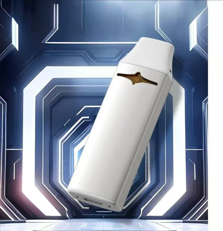 White disposable vape with gold accent on a futuristic blue and white background
