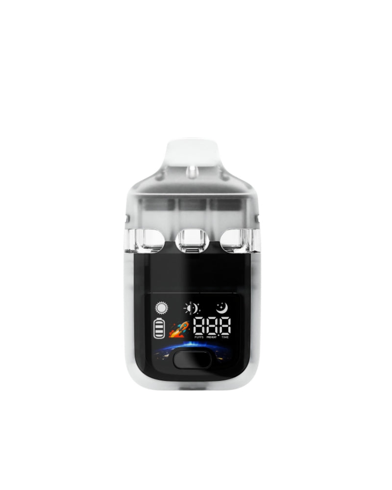 An image of a black Trio 3 disposable tank with a shot of the digital display and button.