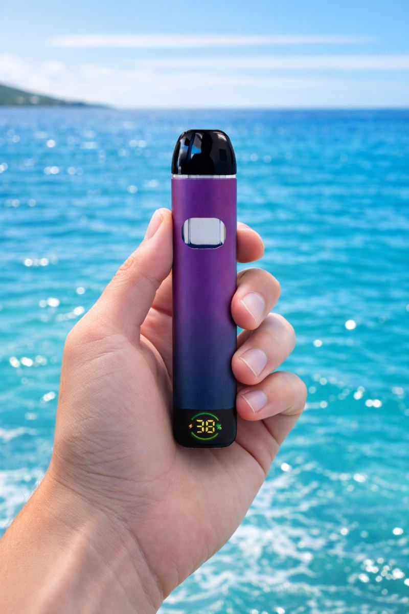 Hand holding a purple vape device with a digital display against a blue ocean background