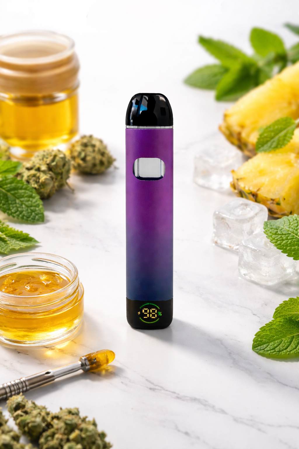 Vape pen with gradient design on a white surface with cannabis-related items.