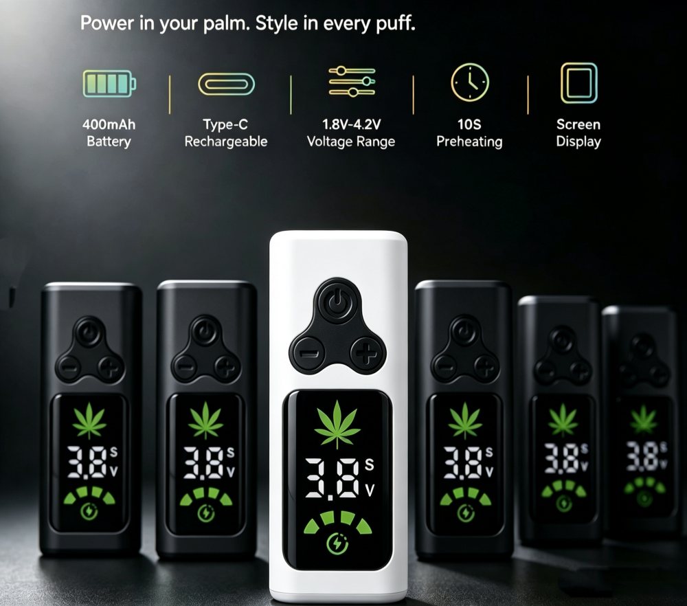 A row of sleek black wholesale vape batteries contrasting against a prominent white unit in the center, underneath product benefit icons detailing the digital screen display and fast Type-C recharging.