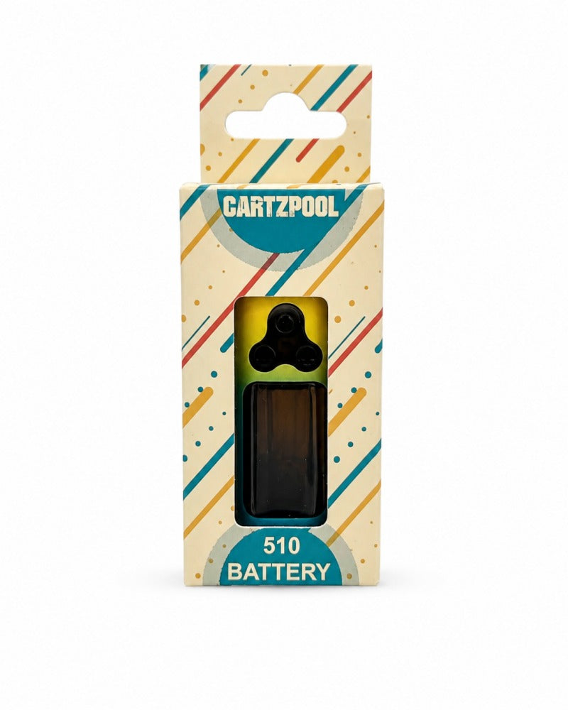 A GARTZPOOL 510 Battery in its original retail packaging, featuring a cream-colored box with retro diagonal stripes and a clear window displaying the battery.