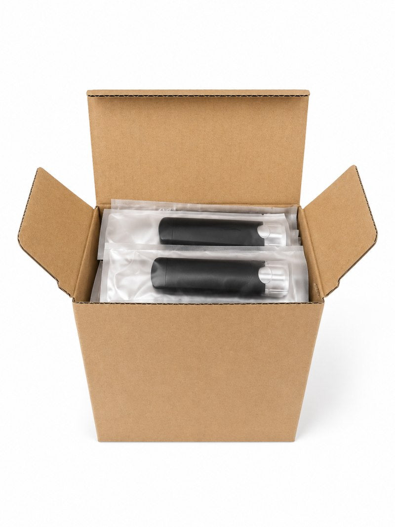 Disposable vape devices individually packed in protective bags inside wholesale box