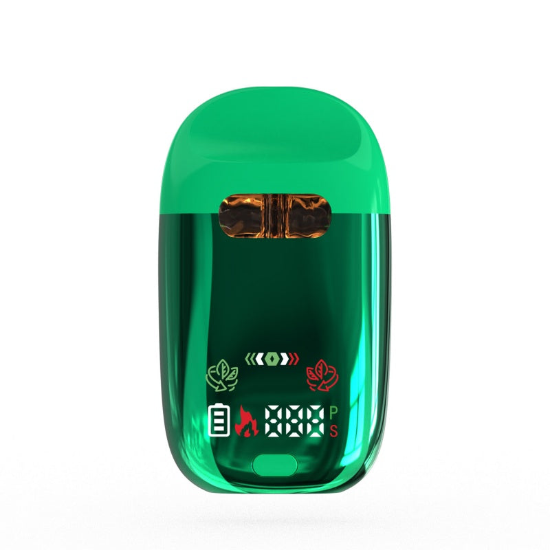 Green electronic vape with digital display on a white background