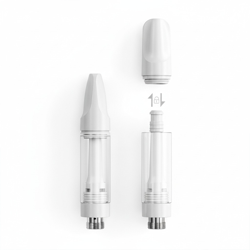 Two white and clear vape cartridges on a light gray background