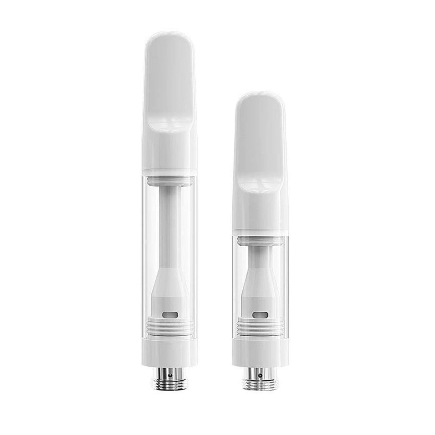Two white vape cartridges on a white background