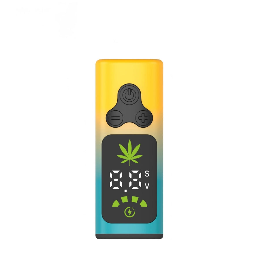 Isolated product image of a 510 thread vape battery featuring a vibrant yellow-to-teal gradient shell color alongside its central digital display and triple-button layout