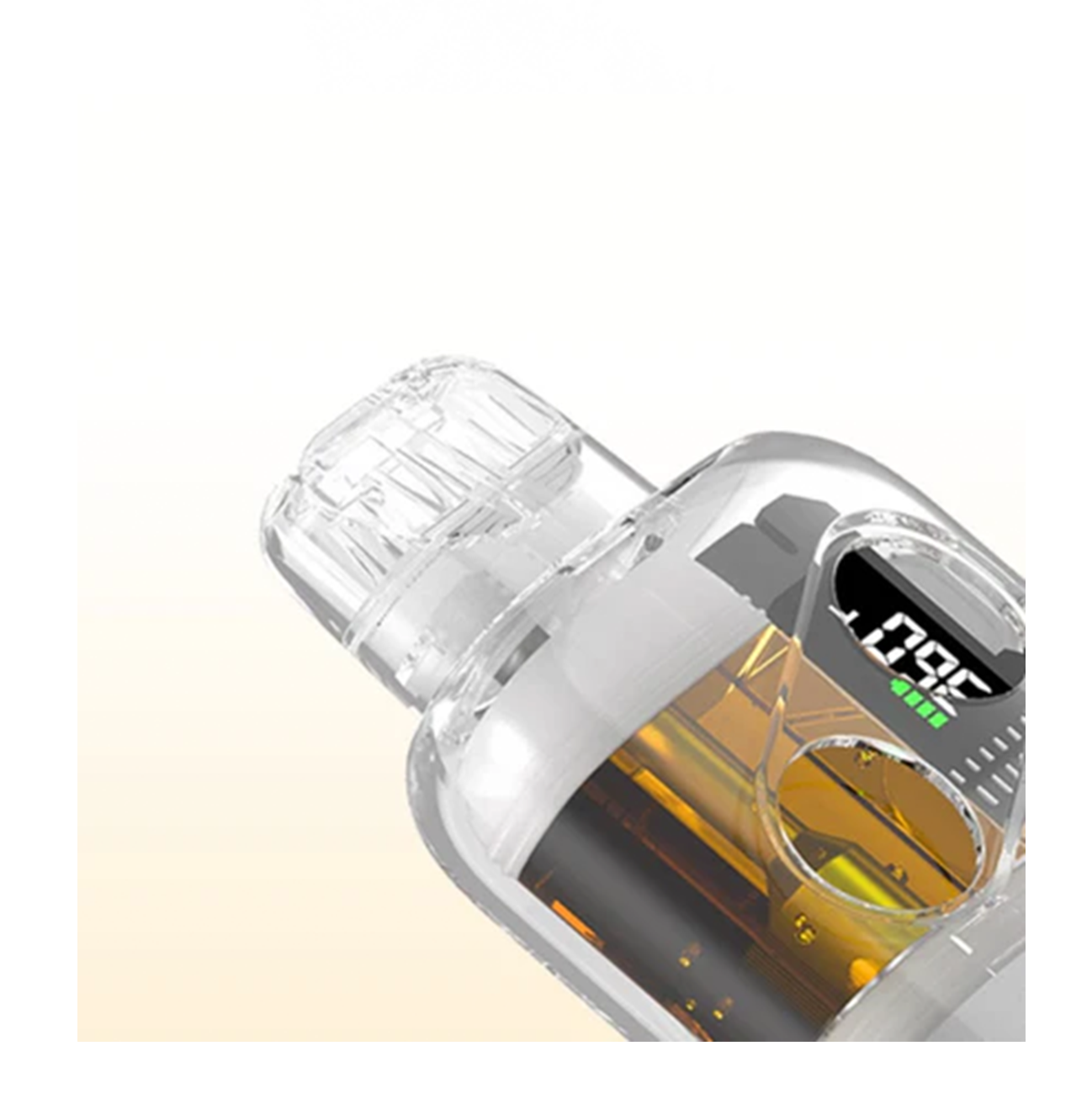 A see through empty disposable vape device demonstrating the high quality materials used to fabricate. 