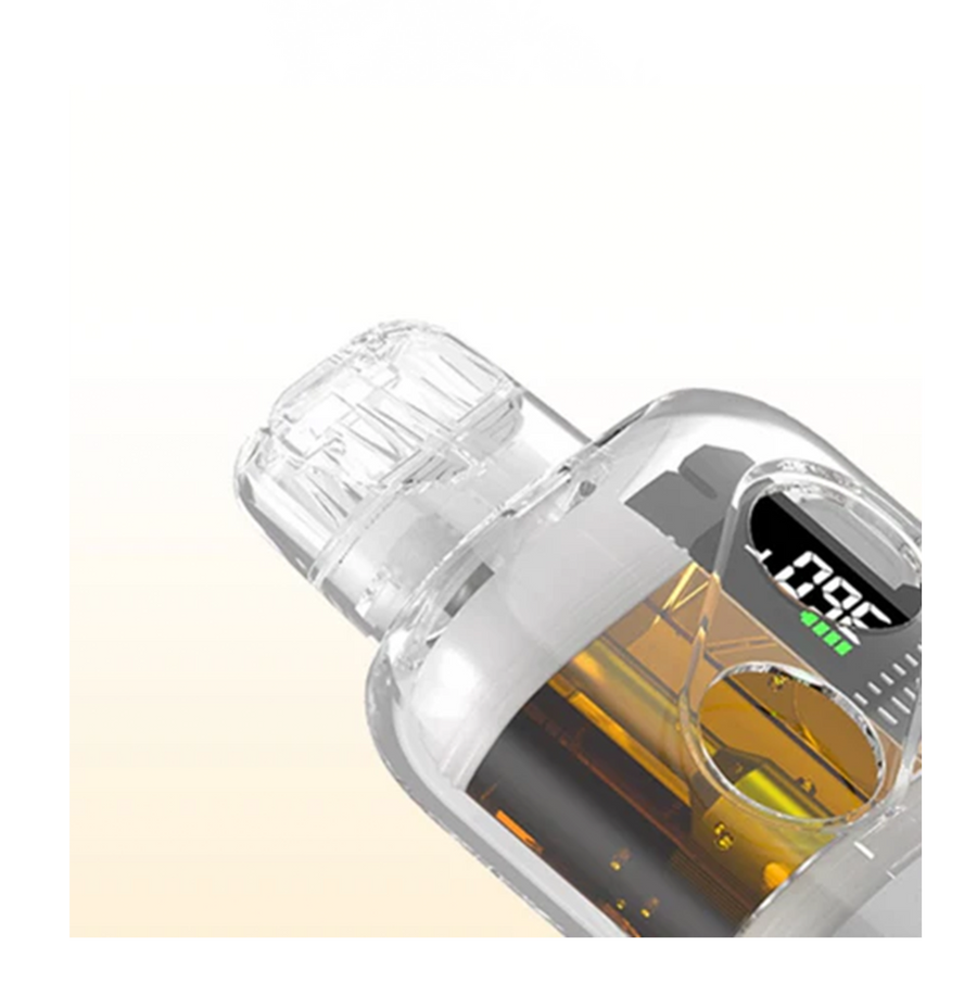 A see through empty disposable vape device demonstrating the high quality materials used to fabricate. 