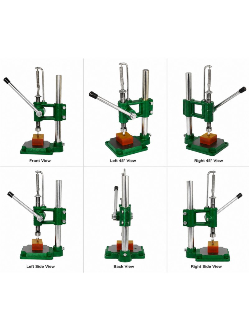 Manual vape cartridge capping press machine shown from multiple angles with adjustable lever and cartridge holder.