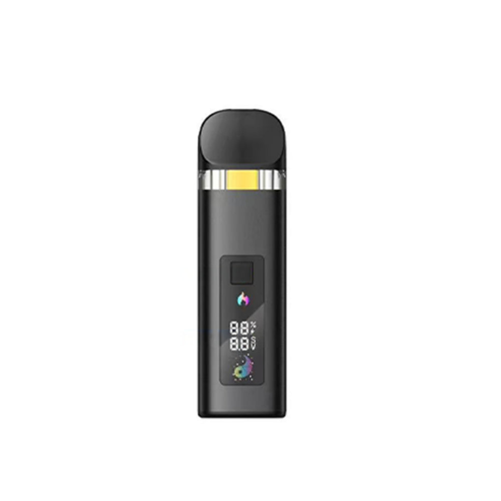 Black filled disposable vape with digital display on a white background