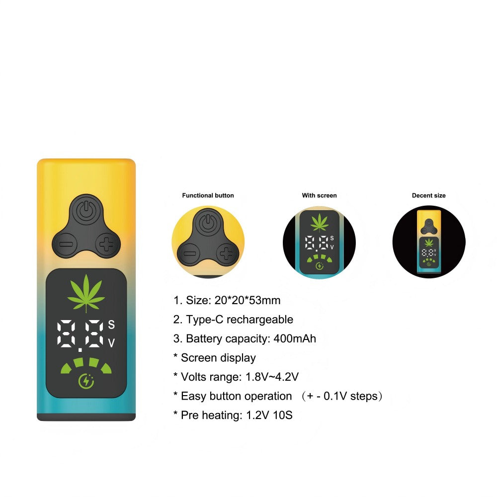 Infographic breakdown for a pocket-sized smart vape battery detailing its 20mm by 53mm dimensions, 400mAh capacity, 10-second preheating, and 0.1V variable voltage step micro-adjustments.