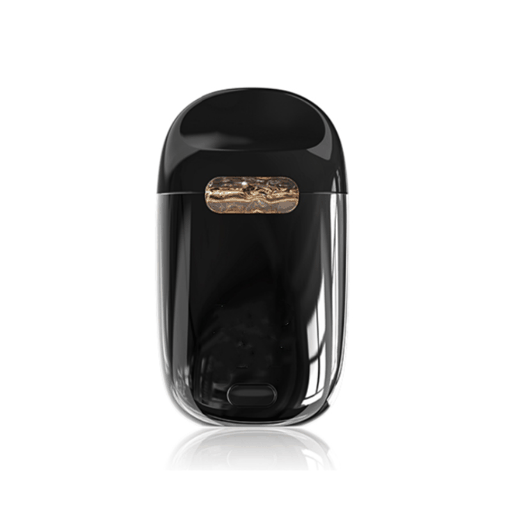 An electronic disposable vape  in black with flashing information on a white background