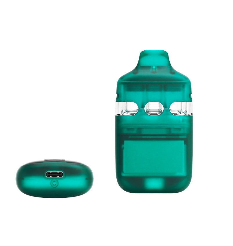 An image of a green translucent Trio 3 disposable tank with a shot of the bottom as well. 