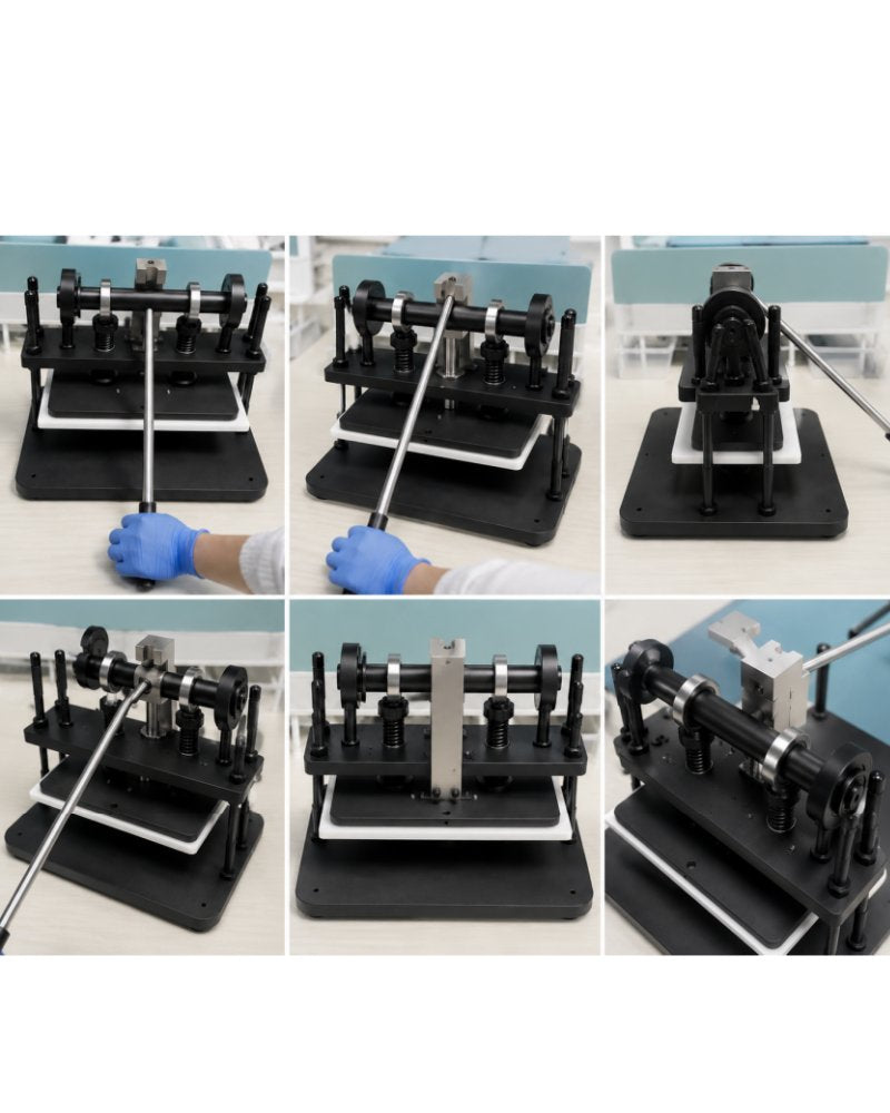 Multi-angle views of manual vape cartridge cap press machine that seals 100 cartridges at once