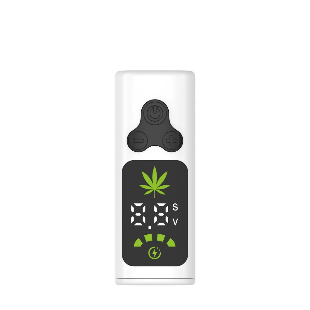 Studio product shot of a plain white smart 510 thread battery on a clean white background, showcasing the black button controls and a digital LED screen with a green leaf icon.