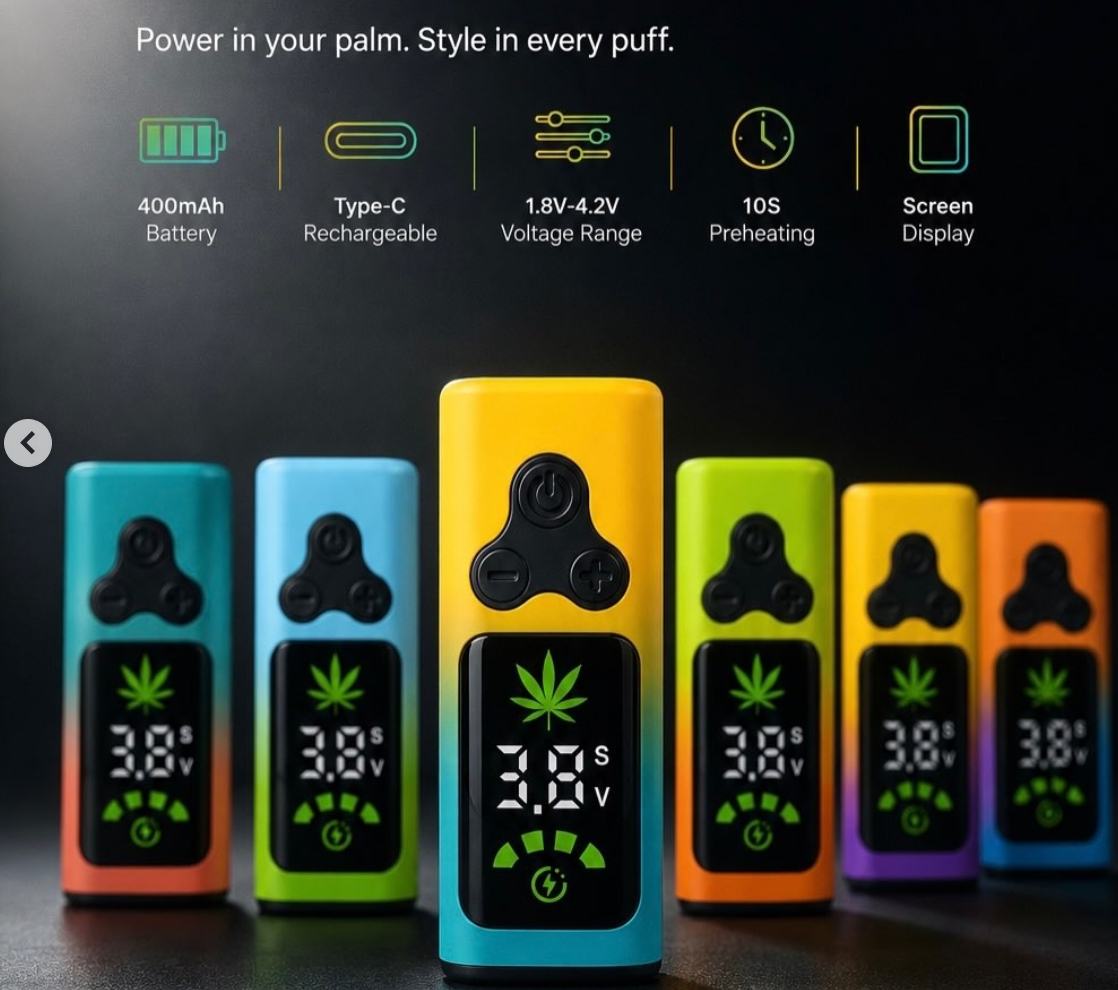 A lineup of colorful wholesale 510 vape batteries in blue, green, orange, purple, and yellow, underneath icons highlighting the 400mAh battery, Type-C charging, and 1.8V to 4.2V voltage range.